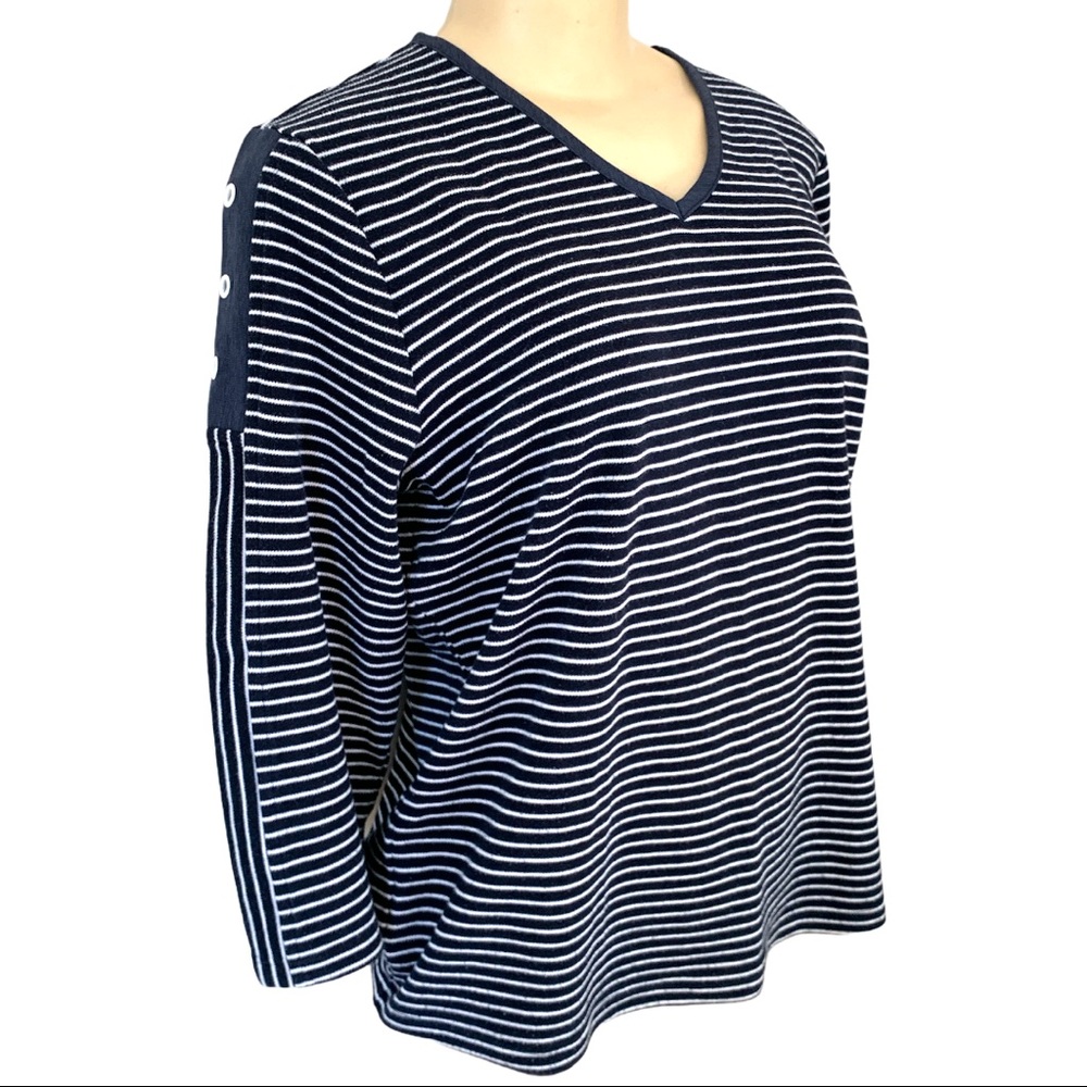 5/$25 ALIA Petite Nautical Striped Navy White LS Tee Shirt Button Detail